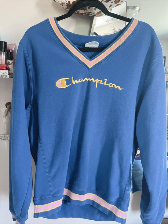 Champion Tops - Champion Blue V-Neck Sweatshirt with Yellow and Pink Accents